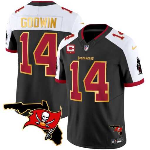 Mens Tampa Bay Buccaneers #14 Chris Godwin Black White With Florida Patch Gold Trim Vapor Stitched Jersey Dyin 500w